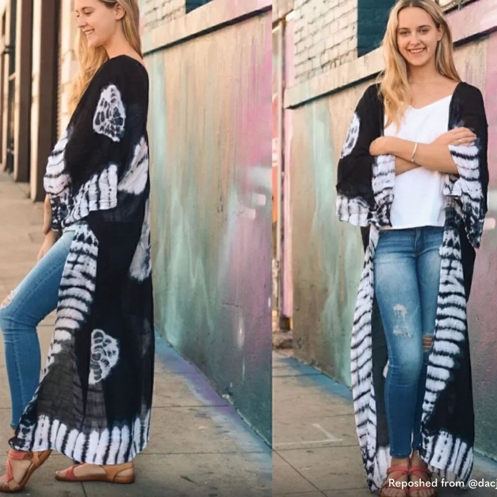 Black Tie Dye Kimono - Sleeves - Open Swim Cover Up - BRAND NEW - One Size